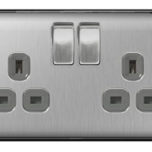 BG NEXUS DOUBLE SWITCHED 13A POWER SOCKET BRUSHED STEEL GREY INSERT 000186