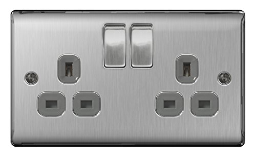 BG NEXUS DOUBLE SWITCHED 13A POWER SOCKET BRUSHED STEEL GREY INSERT 000186