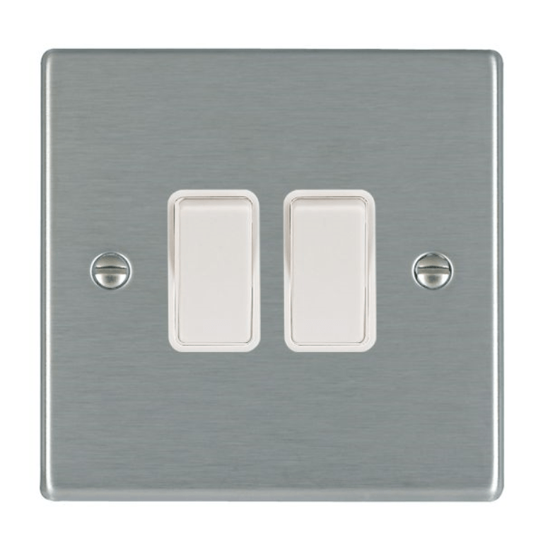 HAMILTON HARTLAND 2 GANG 10AX 2 WAY ROCKER SATIN STEEL/WHITE 000195