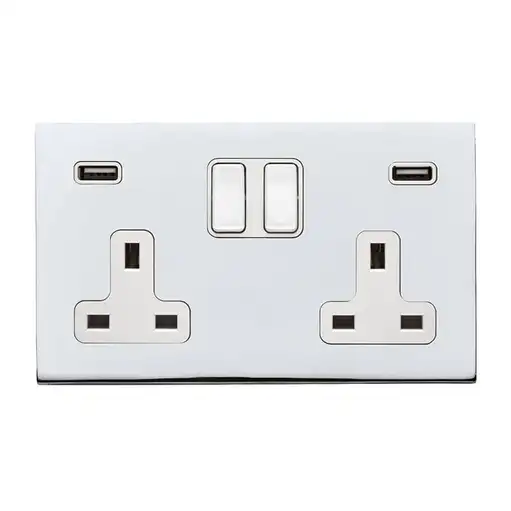 HAMILTON HARTLAND 2 GANG 13A DOUBLE POLE SWITCHED SOCKET WITH 2 USB CHROME/WHITE 000659