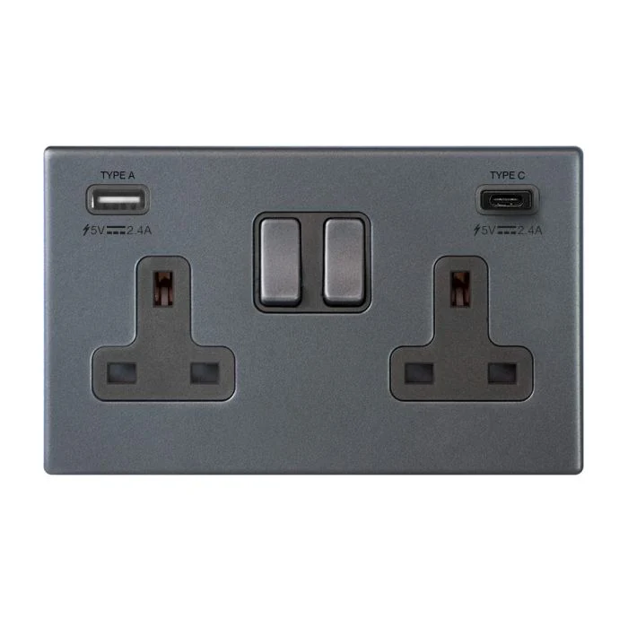 HAMILTON HARTLAND G2 2 GANG 13A DOUBLE POLE SWITCHED SOCKET WITH 1 USB AND 1 USB C ANTHRA GREY/QUARTZ GREY 000665