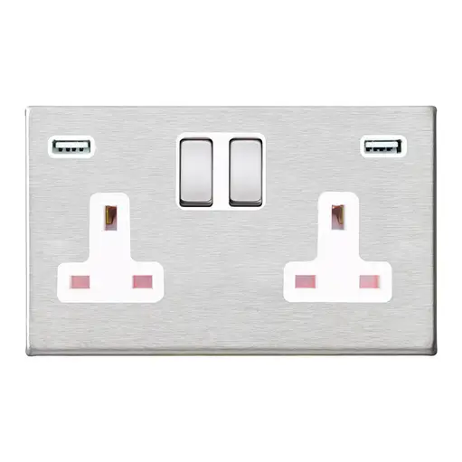 HAMILTON HARTLAND SATIN STEEL 2 GANG 13A DOUBLE POLE SWITCHED SOCKET WITH 2 USB WHITE INSERT 000666