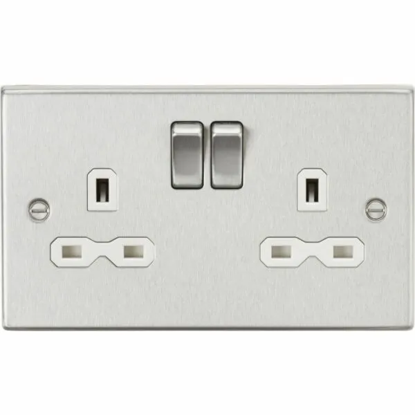 KNIGHTSBRIDGE 13A 2 GANG DOUBLE POLE SWITCHED SOCKET BRUSHED CHROME WHITE INSERT 000695
