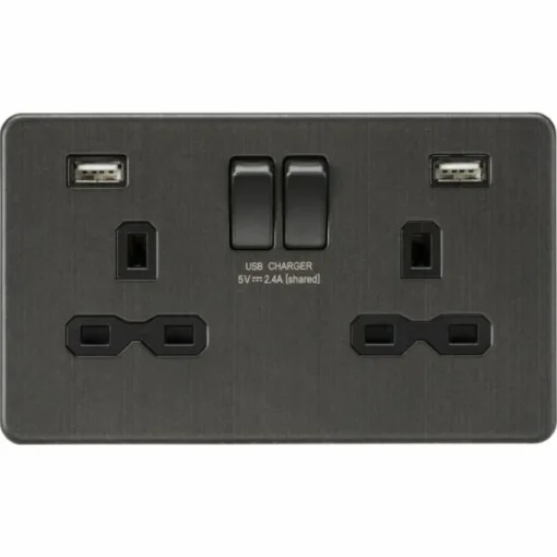 KNIGHTSBRIDGE 13A 2 GANG SWITCHED SOCKET WITH DUAL USB CHARGER SMOKED BRONZE 000696