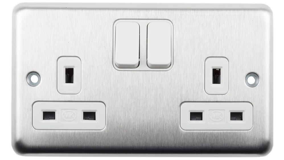MK 13A 2 GANG DOUBLE POLE SWITCH SOCKET - SILVER/WHITE 000718