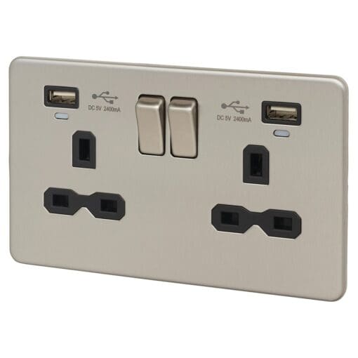 Knightsbridge 13A 2 Gang Switched Socket with USBs & Indicators - Brush 165539