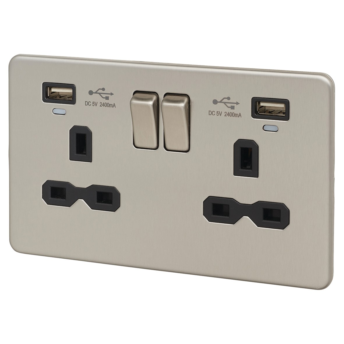 Knightsbridge 13A 2 Gang Switched Socket with USBs & Indicators - Brush 165539