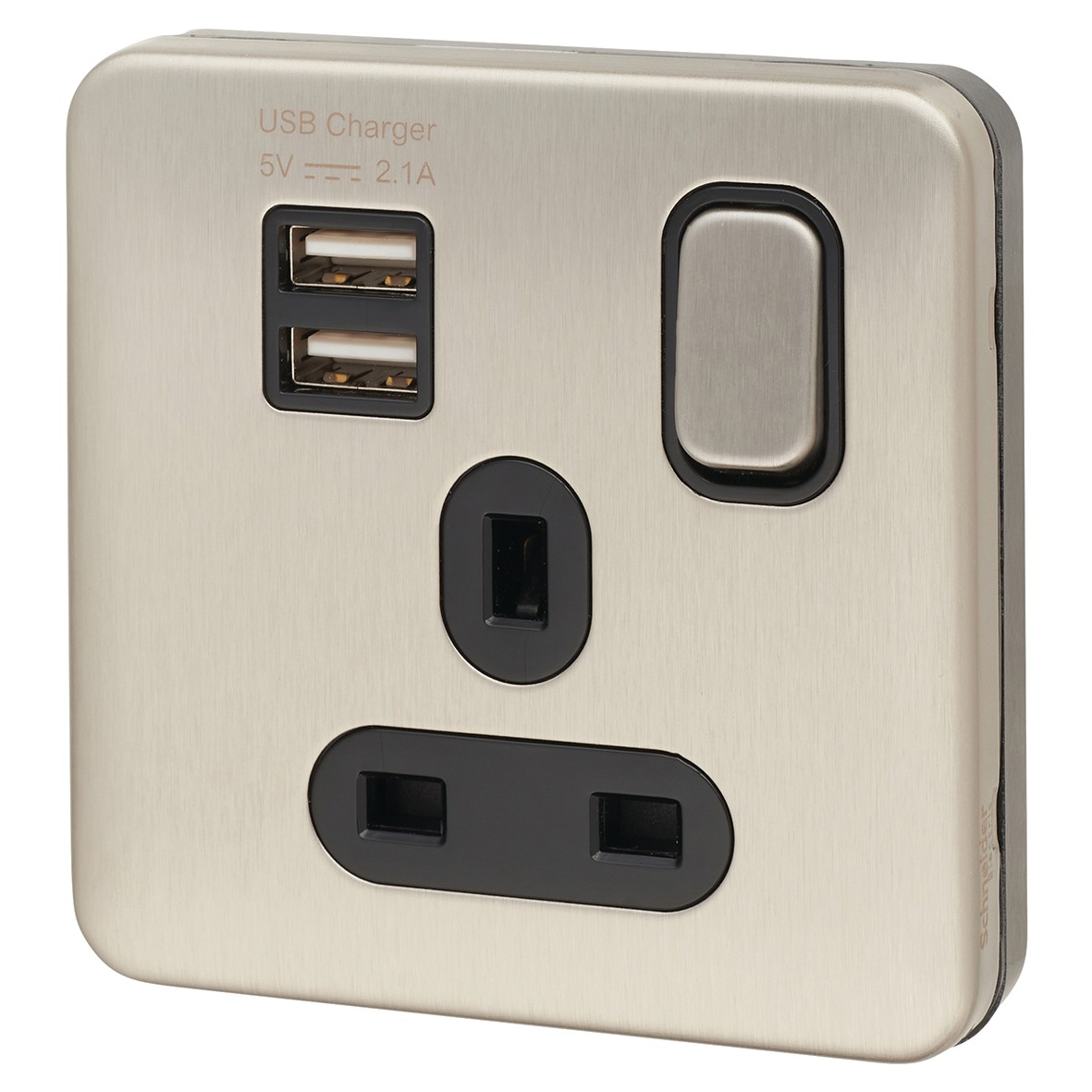 Schneider Lisse 13A 1 Gang Switched Socket with 2 x USB - Brushed Steel 219731