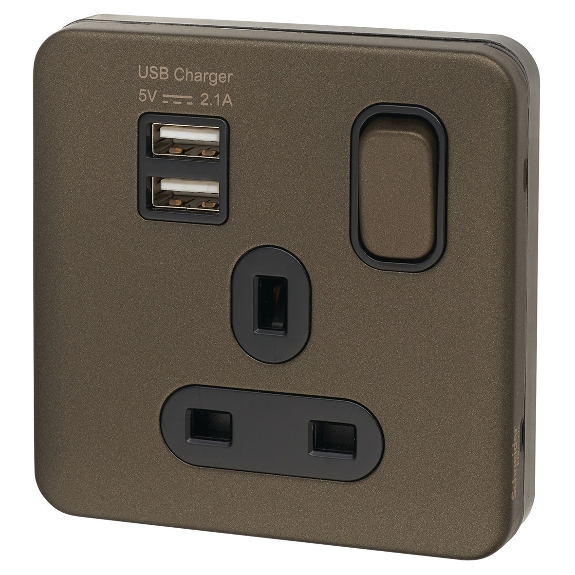 Schneider Lisse 13A 1 Gang Switched Socket with 2 x USB - Mocha Bronze 225866