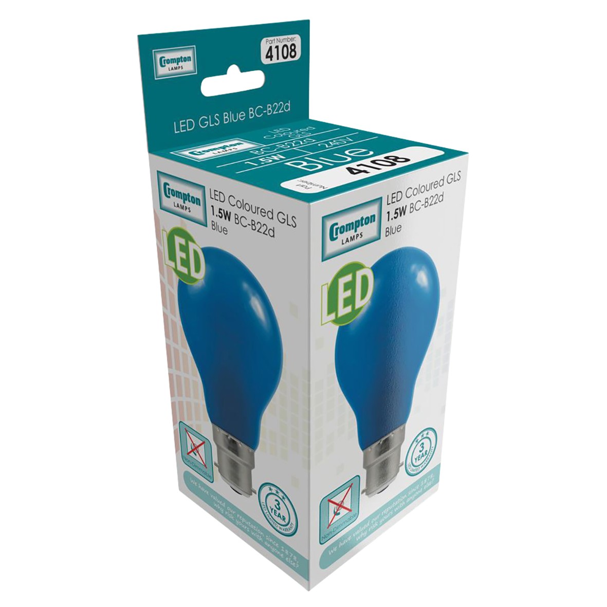 5x Crompton 4108 1.5W LED GLS Coloured Lamp - B22 - Blue 282526