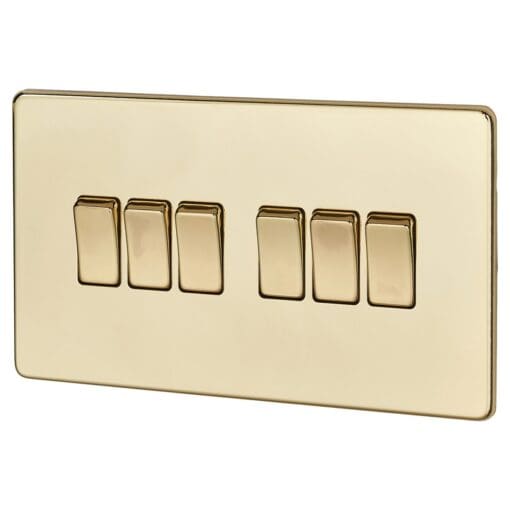 BG Screwless Flatplate 10A 10AX 6 Gang 2 Way - Polished Brass 321195