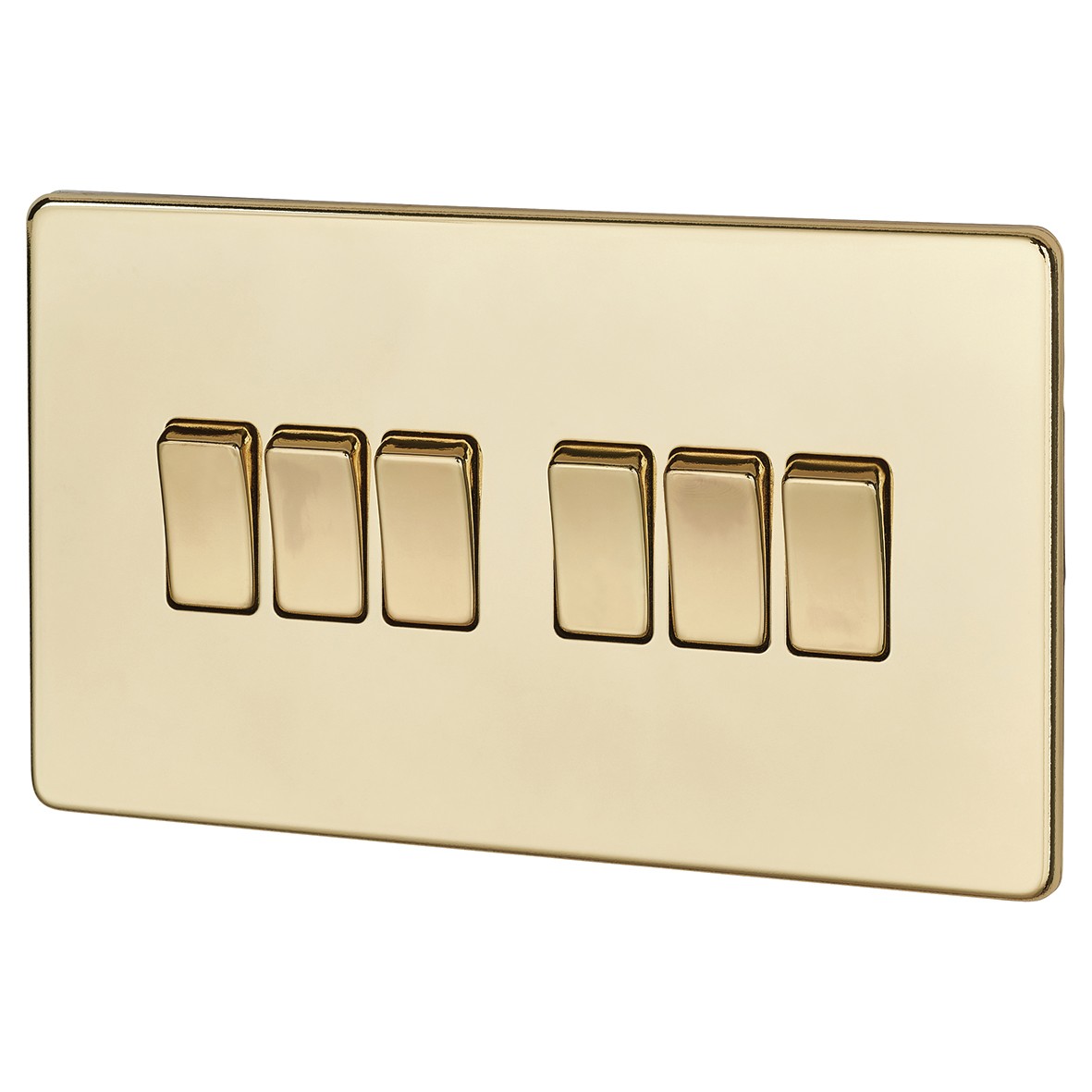 BG Screwless Flatplate 10A 10AX 6 Gang 2 Way - Polished Brass 321195
