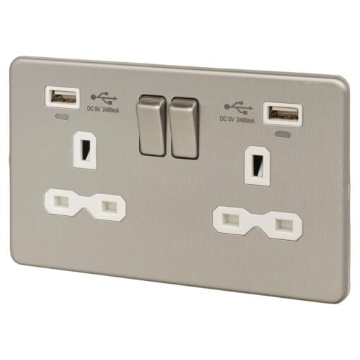 Knightsbridge 13A 2 Gang Switched Socket with USBs & Indicators - Brush 321880