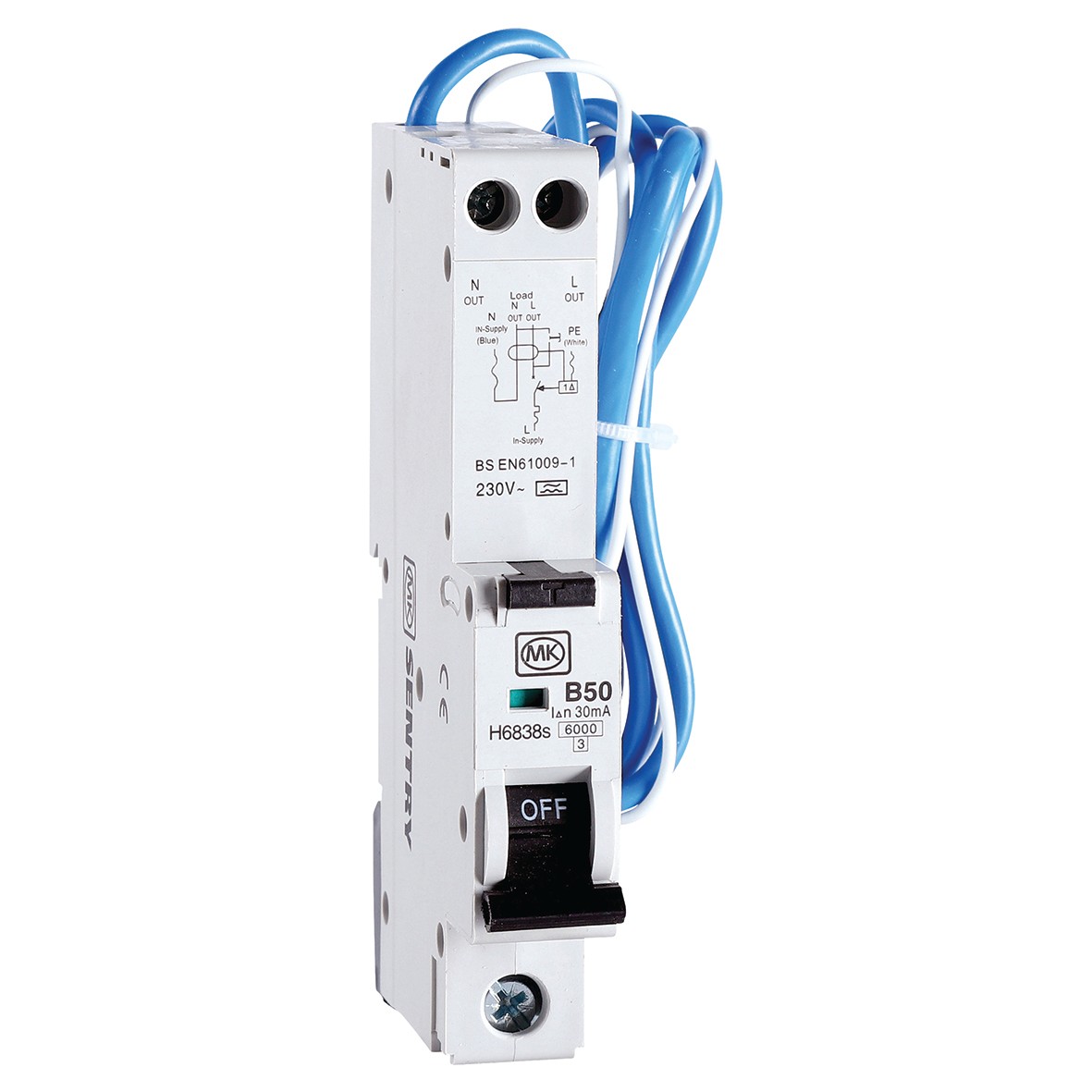 MK Sentry 50A 6kA Single Pole RCBO - Type A - Curve B 330789