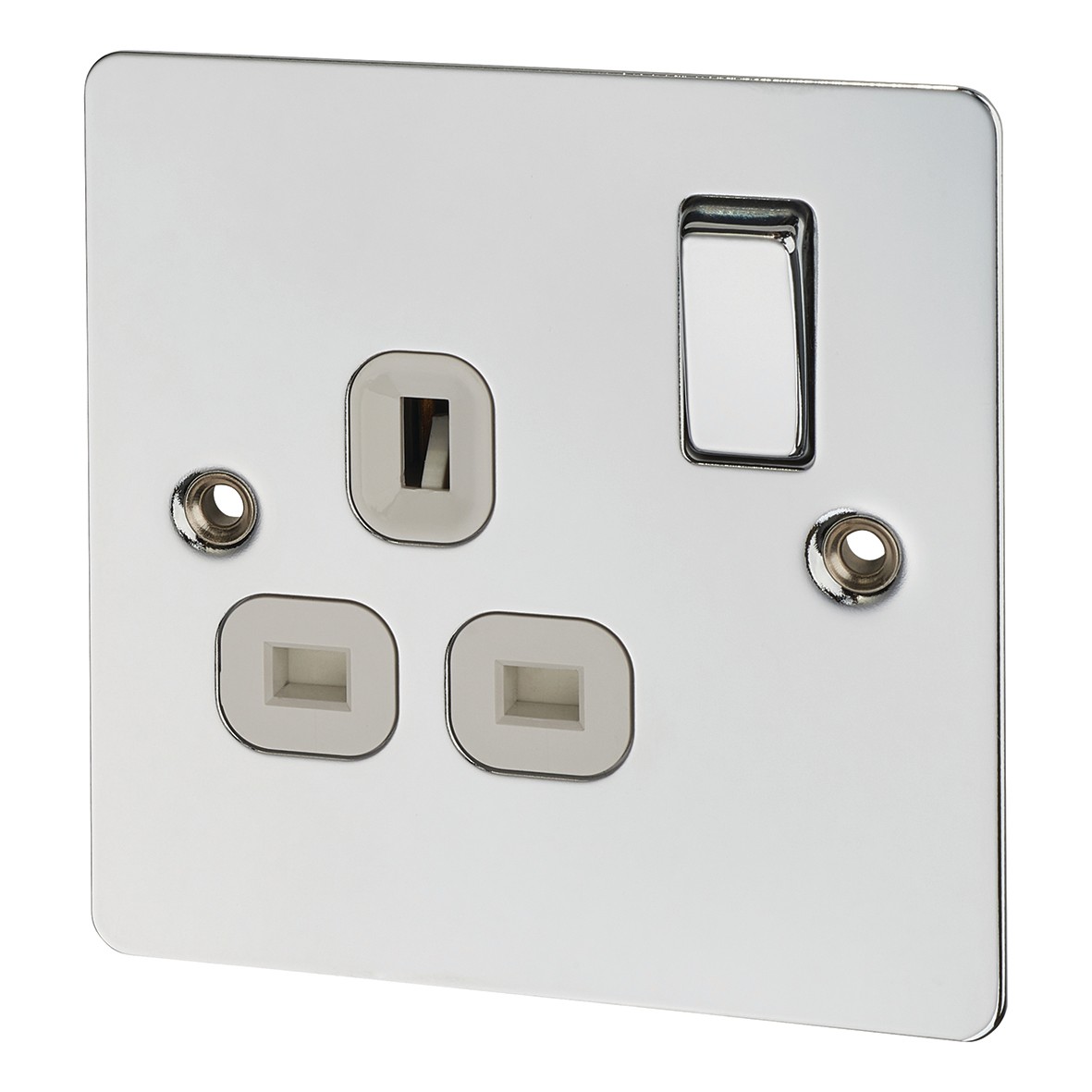 BG Flatplate 13A 1 Gang Socket Outlet - Polished Chrome with White Inse 419784