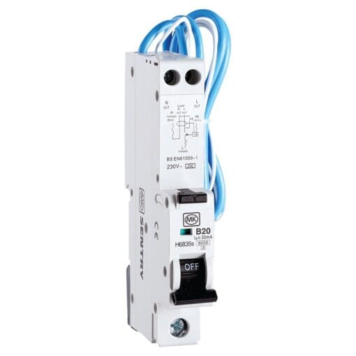 MK Sentry 20A 6kA Single Pole RCBO - Type A - Curve B 523602