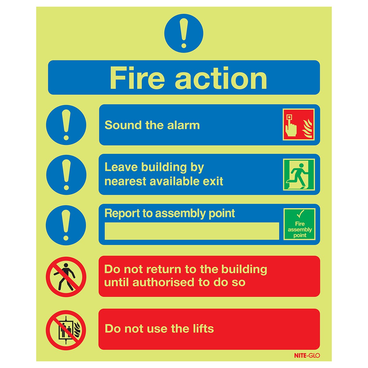 NITE GLO Symbolised Fire Action Notice - 300 x 250mm - Rigid Plastic 602146