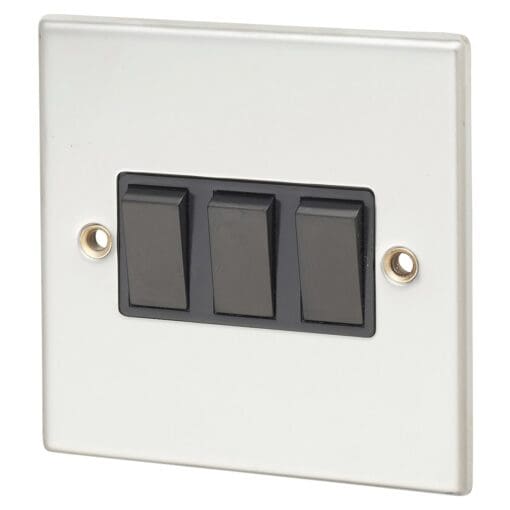 Contactum 10A 3 Gang 2 Way Light Switch - Polished Steel with Black Ins 634276