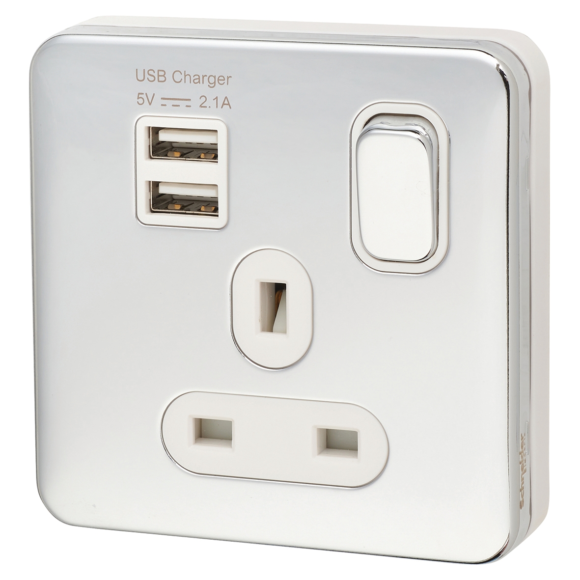 Schneider Lisse 13A 1 Gang Switched Socket with 2 x USB - Polished Chro 684585