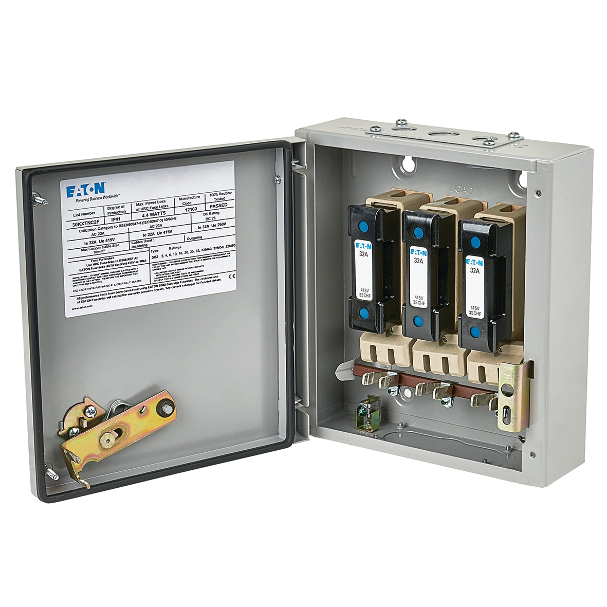 EATON MEM SERIES SWITCH DISCONNECTOR FUSE 32A TPN HRC FUSES FITTED 690296