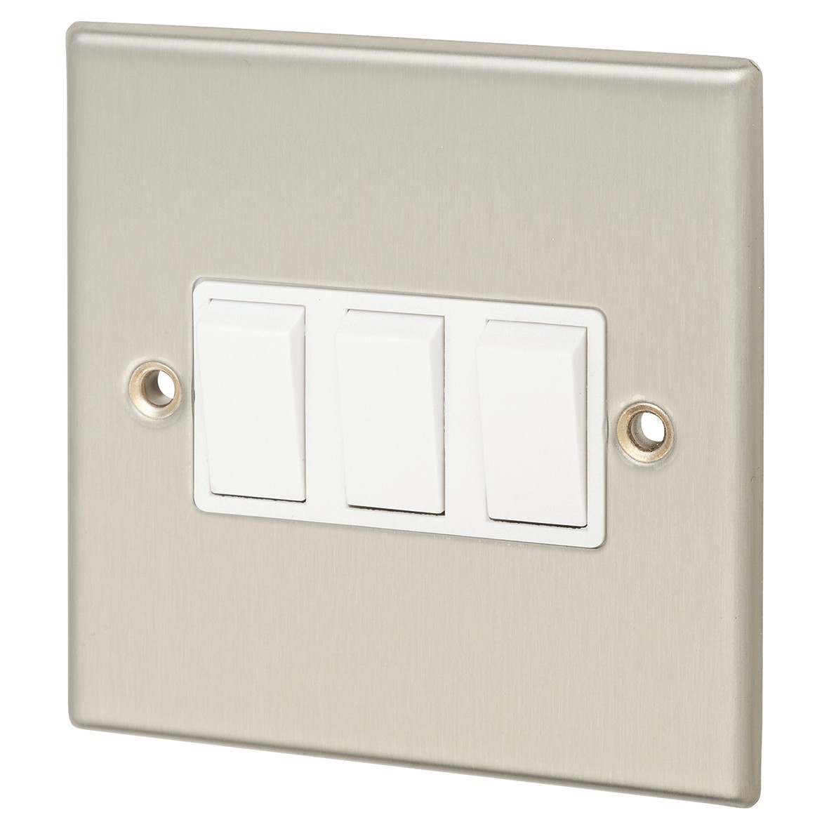 Contactum 10A 3 Gang 2 Way Light Switch - Brushed Steel with White Inse 697878
