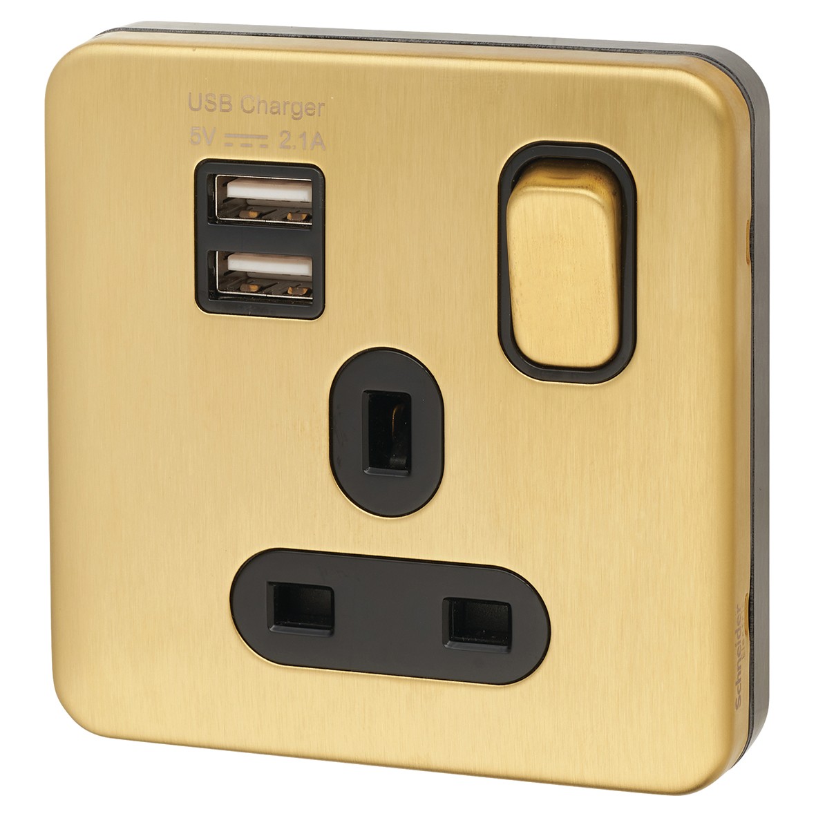 Schneider Lisse 13A 1 Gang Switched Socket with 2 x USB - Satin Brass w 774709