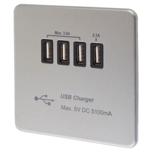 Knightsbridge 1 Gang 5.1A Quad USB Charger Outlet - Brushed Chrome wit 786909