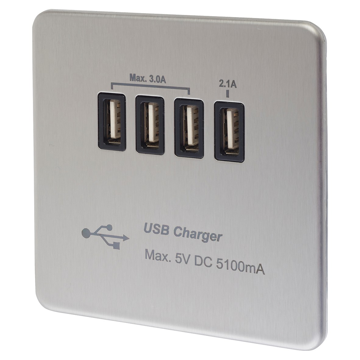 Knightsbridge 1 Gang 5.1A Quad USB Charger Outlet - Brushed Chrome wit 786909