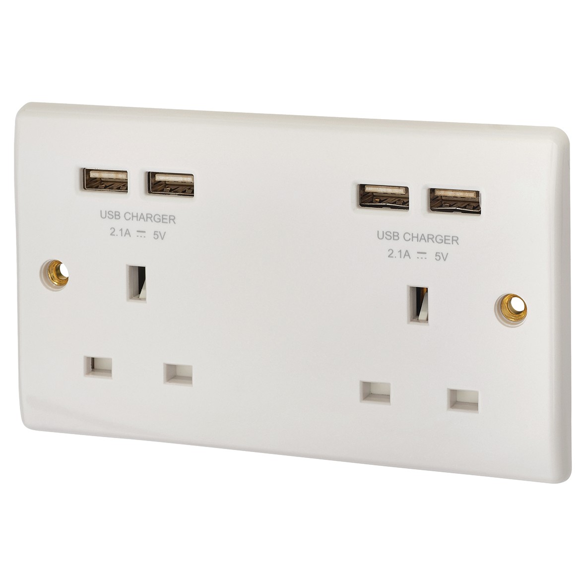 13A 2 Gang Switched Socket + 4 USB Charger - White - Round Edge 982057